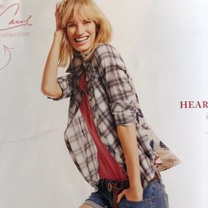 CAbi Festival Button Down Plaid and Floral Top XS